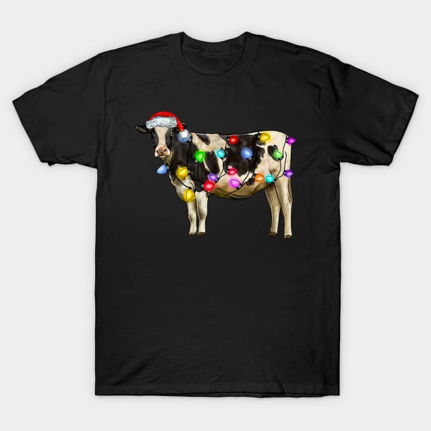 Cow With Santa Hat Christmas Lights Funny Cow Lovers T-Shirt by PlumleelaurineArt